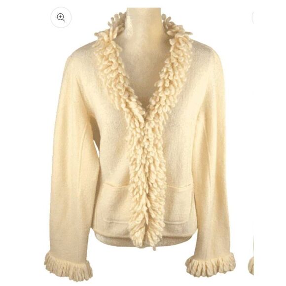 Clothes by Revue Sweaters - 100% Wool Cardigan Sweater Off White Fringed Small Clothes by Revue